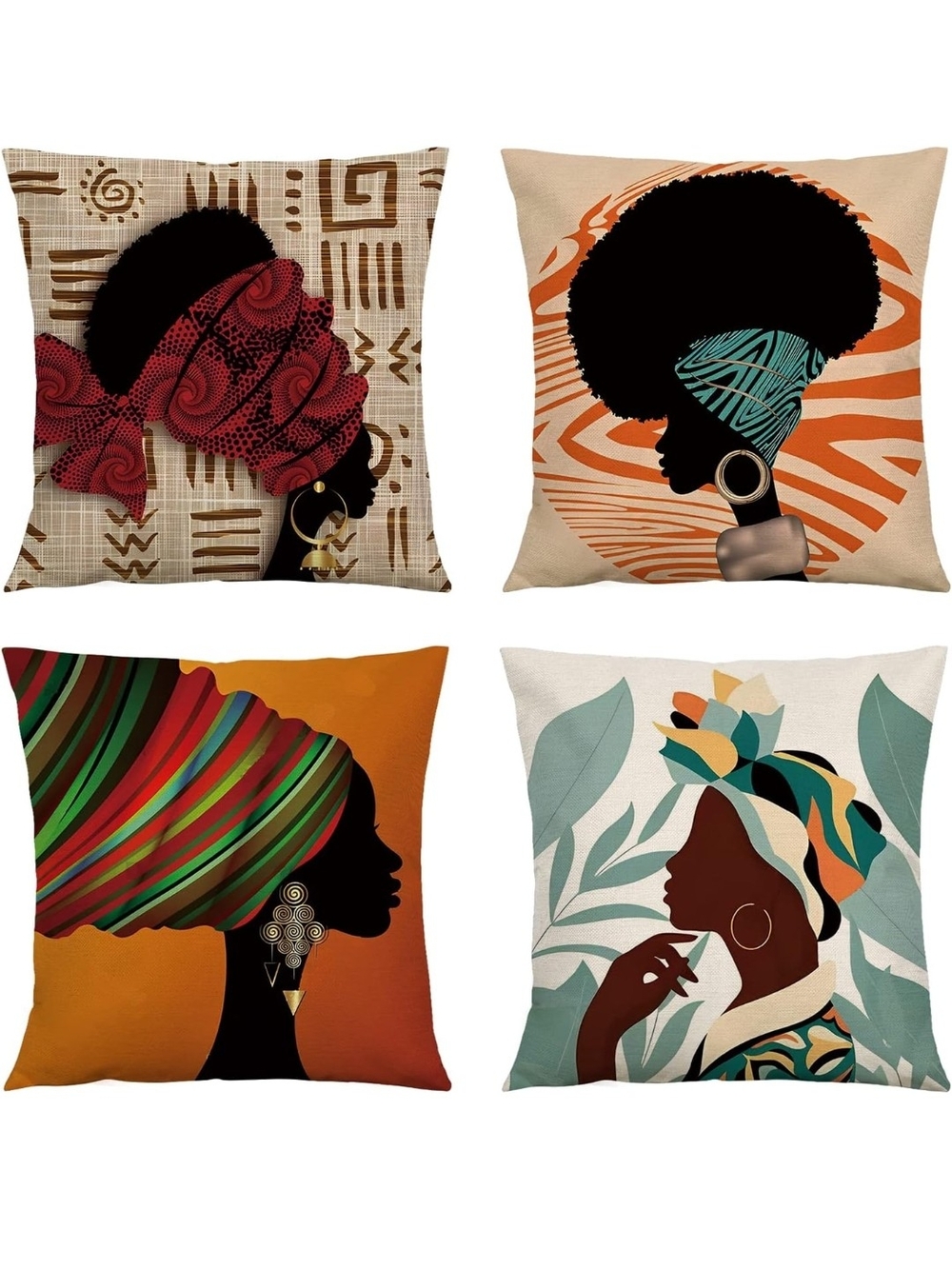 Set of 4 Afrocentric Decorative Throw Pillow Covers - Bold Earthy Colors